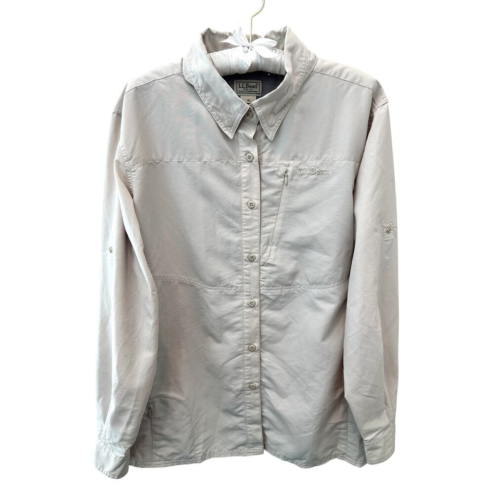 L.L. BEAN Beige Nylon Button Down Shirt Outdoor Hiking Fishing Utility XL